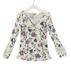 Seven7‎ Y2K Floral Waffle Knit Top Lace Cuff Long Sleeve V-Neck Womens Size L